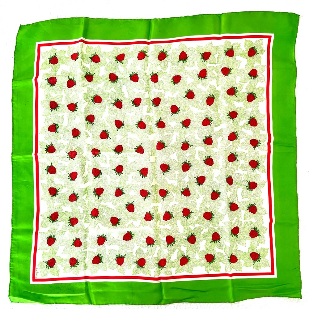 Vintage Echo Silk Scarf - Large with Raspberries, Green Border 1960's